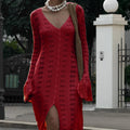 Women Knit Dress Long Sleeve Button Closure Cardigan Hollow Out Long Dress Top for Daily Street Summer Fall