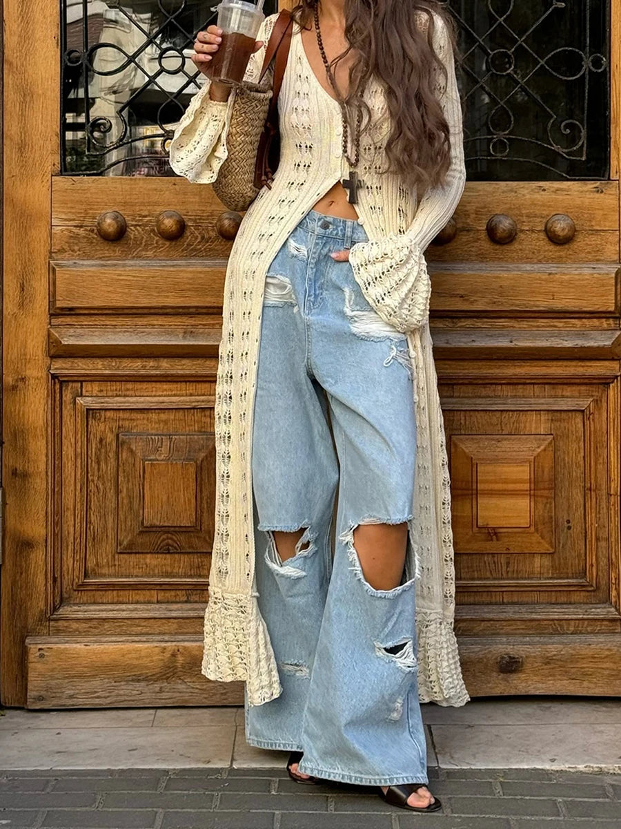 Women Knit Dress Long Sleeve Button Closure Cardigan Hollow Out Long Dress Top for Daily Street Summer Fall